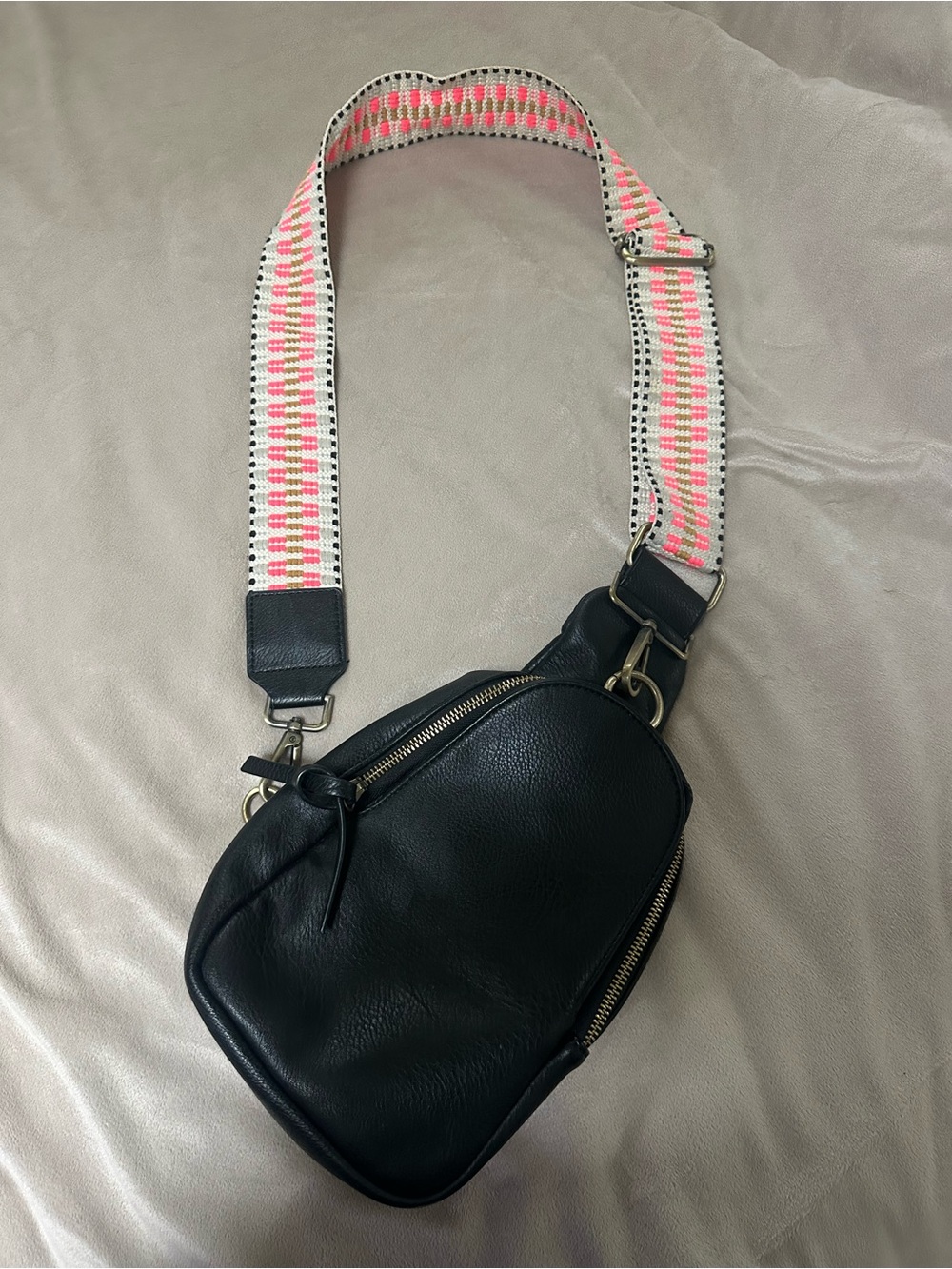 Anthropologie Black Leather Crossbody with Pink-Accent Woven Strap